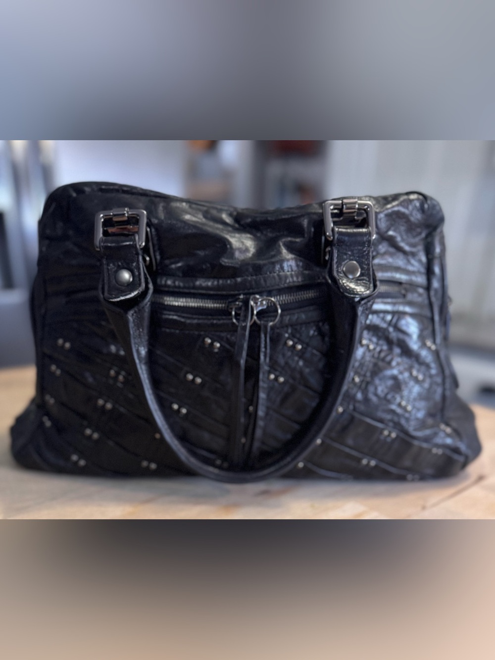 Treesje Black Quilted city style Studded lamb leather Shoulder Bag